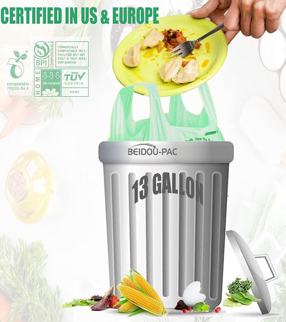 13 Gallon Compostable Tall Kitchen Trash Bags with Handle, 50 Count, Sturdy Biodegradable Garbage Bags for Food Scrap Waste, ASTM D6400, US BPI Certified