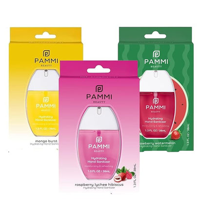 PAMMI Power Mist Hydrating Hand Sanitizer Spray, Portable Travel Size Pocket Hand Sanitizer, Scented Handsanitizer Mini Spray For Car - 600 Sprays (3 Packs (Mango, Watermelon, Lychee))