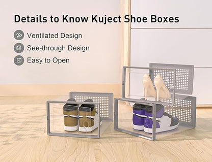 Kuject XX-Large Shoe Storage Boxes Organizers Clear Plastic Stackable 12 Pack, Shoe Rack & Holder Substitute, Sneaker Containers, Toy Storage Organizer Bins for Entryway, Closet, Under Bed, Grey