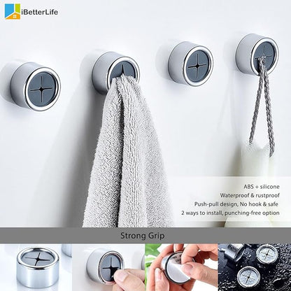 Adhesive Kitchen Dish Towel Hooks - 4 Pack iBetterLife Hand Towel Holder for Cabinet, Push Towel Hook, Dish Cloth Rag Holder for Home Bathrooms, Kitchens, Garages, RV, Within Easy Reach, Matte Black