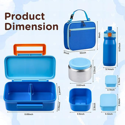 Bento Lunch Box for Kids With 8oz Thermo, Leakproof Bento Box with with 2 Compartments, Insulated Bottle, Lunch Bag, BPA Free Dishwasher Safe for School Girls Boys (Blue)