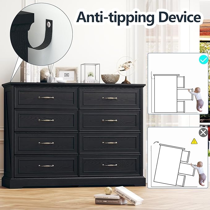 8 Drawer Dresser for Bedroom, 47" Wide Wooden Chest of Drawers, Rustic Farmhouse Dresser with Large Drawers & Metal Handles, Modern Storage Organizer for Closet, Living Room, Hallway, Black