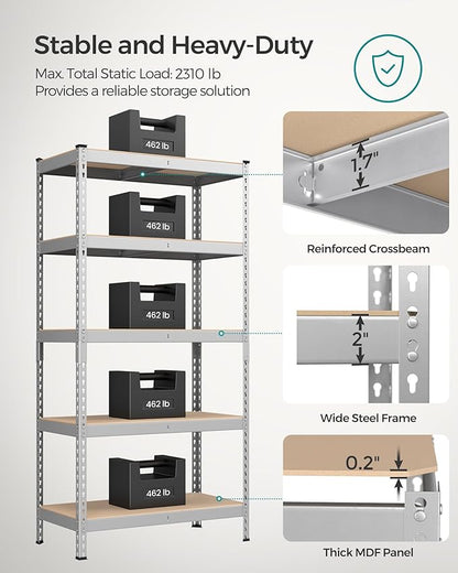 SONGMICS 5-Tier Storage Shelves, Load 2310 lb, Set of 2 Garage Storage, Boltless Assembly, Adjustable Shelving Unit, 17.7 x 35.4 x 70.9 Inches, for Study Shed Basement, Silver UGLR450E02