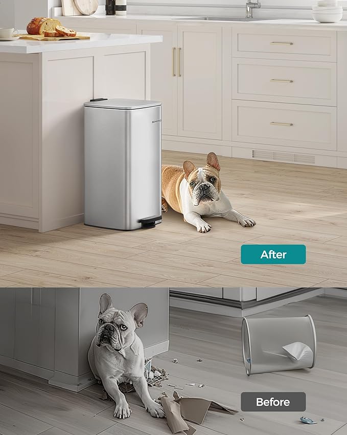 SONGMICS Kitchen Trash Can, 8-Gallon (30 L) Trash Bin, Stainless Steel Garbage Can, with Inner Bucket, Soft Close and Stays Open, Metallic Silver ULTB593E01