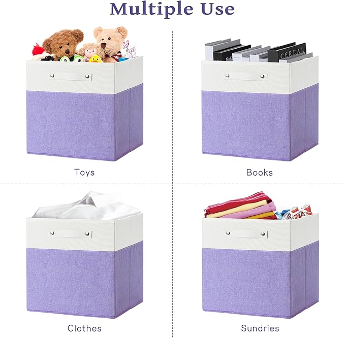 13 x 13 Inch Fine Linen Storage Bins with Handles，Fabric Cube Boxs，Collapsible Basket Organizers for Shelves for Home, Closet Drawers (White/Purple-4 Pack)