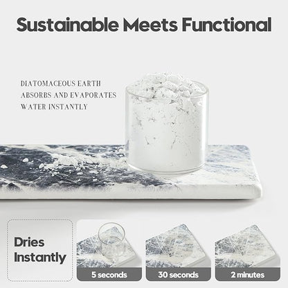 2PCS Bathroom Sink Vanity Trays, Water Absorbing Diatomite Stone Quick Drying Mat for Kitchen Counter, Dish Rack Dispenser Sponge Holder Caddy Organizer, Marble Crack, 9"x3.5"