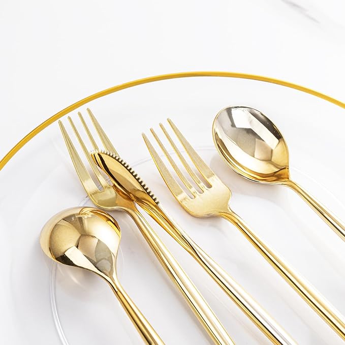 LIYH 360 Pcs Heavyduty Gold Plastic Silverware Set - Elegant Gold Silverware Disposable Utensils Set for Weddings, Parties & Events - Includes Forks, Spoons, Knives, Cutlery Tableware