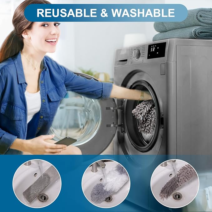 Microfiber Duster, 4PCS with Extension Pole(Stainless Steel) 30 to 100 Inches, Reusable Bendable Dusters, Washable Lightweight Dusters for Cleaning Ceiling Fan, High Ceiling, Blinds, Furniture, Cars