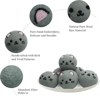 Dryer Balls Laundry Reusable - XL Wool Dryer Balls - Handmade Cute Cat Shape 6 Pack, Extra Large Dryer Balls, Shorten Drying Time, Organic Wool - Dry 1000+ Loads