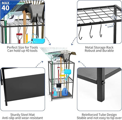 Garden Tool Organizer - Yard Tool Storage and Organizers, Utility Rack with 3 Hooks, Garden Yard Tool Stand Tower Racks, Tool Holder for Broom, Shovel, Rake, Mop, Garage Organization, Black