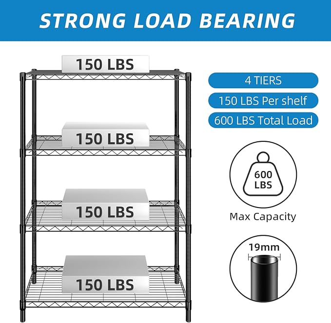 4-Shelf Adjustable Metal Shelf Wire Shelving Unit Storage Rack Display Shelf for Office,Kitchen,Bedroom,Bathroom,Laundry,Pantry Basement,Garage(Black,36" L x 14" W x 54" H)