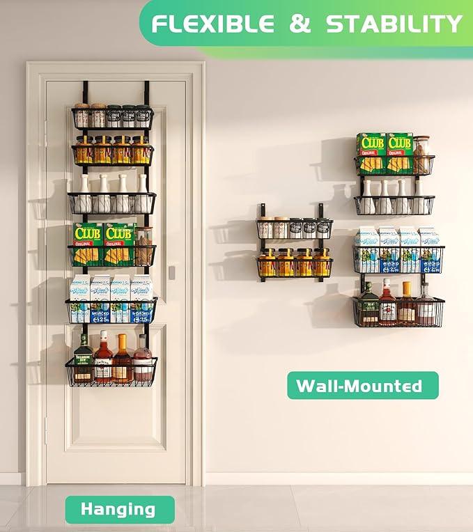 12 Inch Wide Narrow Over The Door Pantry Organizer, Pantry Organization and Storage, Black Metal Hanging Deep Basket Wall Spice Rack Seasoning Shelves, Home & Kitchen Essentials, Apartment