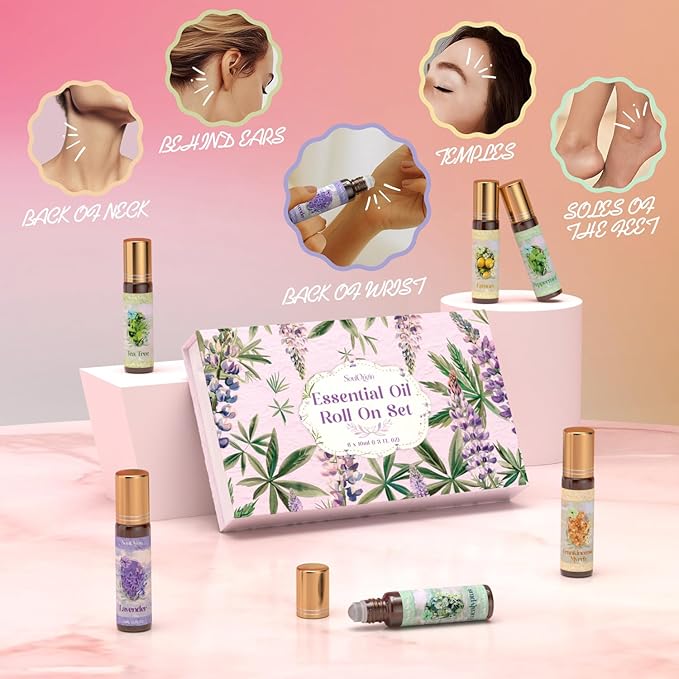 Essential Oil Roll On Set, Natural Aromatherapy Oils with Portable Roller Ball for Skin Care- Tea Tree, Frankincense & Myrrh, Lavender, Peppermint, Eucalyptus, Lemon - Gifts for Women & Men