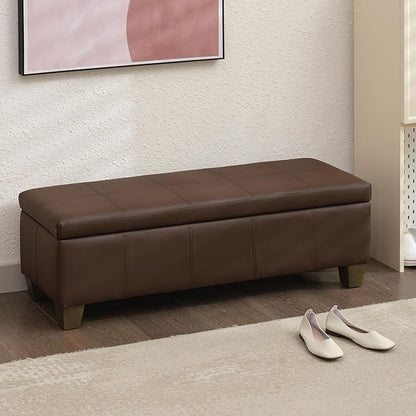 51 Inch Brown Faux Leather Ottoman with Storage, Rectangular Extra Long Bench, End of Bed Bench with Large Storage for Bedroom, Living Room