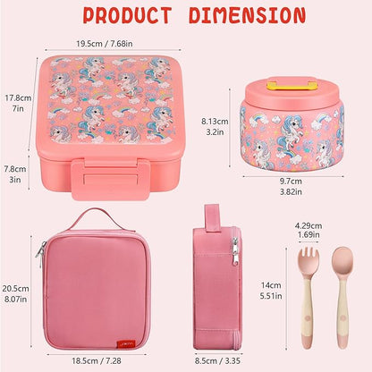 Bento Lunch Box for Kids With 8oz Soup Thermo,Leak-proof Lunch Containers with 5 Compartment,Thermos Food Jar and Lunch Bag, Food Containers for School (A-Pink(Fantasy Unicorn))