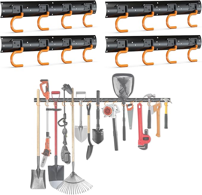 3-H 4×16" All Metal Garden Tool Organizer, Garage Tool Organizer, Broom Holder Wall Mount for Garage, Shed, Garden, Basement Hanging and Organizing Rake, Mop, Shovel, Hose
