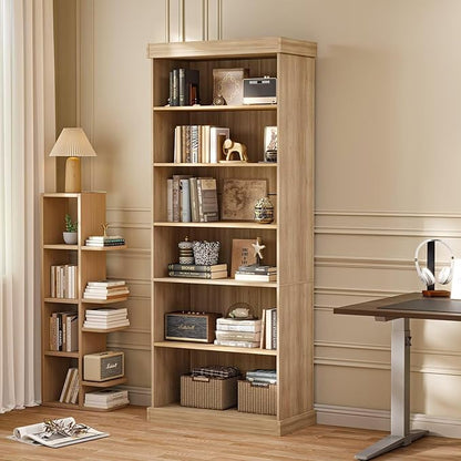 70.8" Tall Farmhouse Bookshelf with Glass Doors, Modular Bookcase with 6-Tier Adjustable Shelves, Large Storage Cabinet for Kitchen, Living Room, Brown, Set of 2