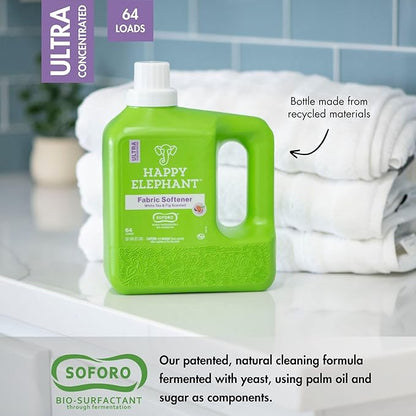 Happy Elephant Liquid Laundry Bundle, White Tea & Fig Scent, Natural Laundry Detergent & Fabric Softener, Plant Based, Stain Remover & Fabric Conditioner, Gentle on Skin, 64 Fl Oz Each, 2 Pack
