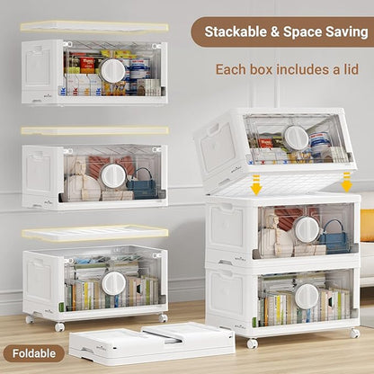 BROVIEW 360Qt Lockable Stackable Storage Bins with Lids, Closet Organizers and Storage Drawer, Collapsible Storage Bin with Wheels, Plastic Cabinet for Toy Clothes Dorm Organizer, V9 3 Pack White