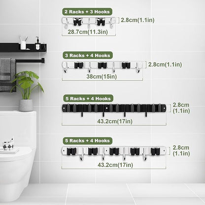 AceMining 5 Racks and 4 Hooks Mop and Broom Holder Wall Mount, Broom Organizer Storage Tool Racks Stainless Steel Heavy Duty Hooks Self Adhesive Solid Non-slip for Home Kitchen Garden Laundry Garage