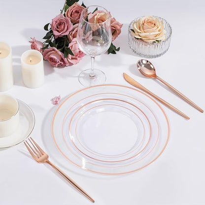 PULOTE 150PCS Rose Gold Plastic Silverware Set - Heavy Duty Rose Gold Utensils - Plastic Cutlery Disposable - Include 50 Forks, 50 Knives, 50 Spoons for Party & Wedding
