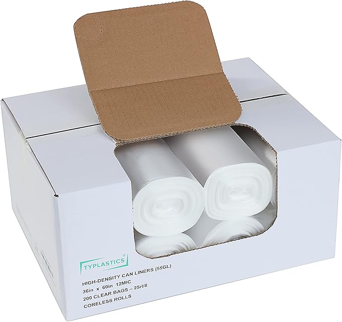 TYPLASTICS 55 Gallon Clear Trash Can Liners - 36" x 60" - High Density Garbage Bags - Case of 200 - Multipurpose for Office, Outdoor, Recycling, Industrial and Commercial