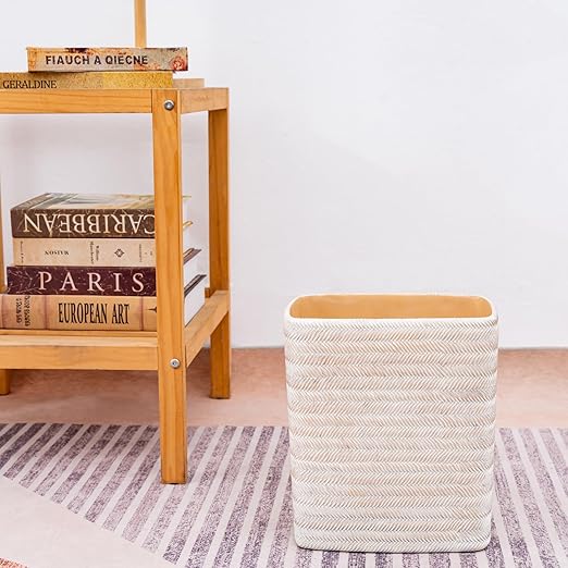 Polytree Bathroom Trash Can 1.8 Gallon Small Kitchen Garbage Can,Decor Wastebasket for Bedroom Office,Resin Hand-Carved Bamboo Wicker,Farmhouse White