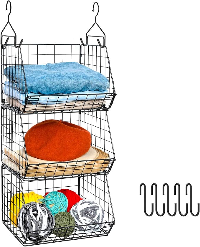 X-cosrack 3-Tier Hanging Storage Organizer for Closet, Laundry & Utility Room | Space Saving Shelves with 1.65" Hook & 5 S-Hooks | Hanging Wire Baskets (12.4" W x 8.8" H x 10.24-11.8" D)