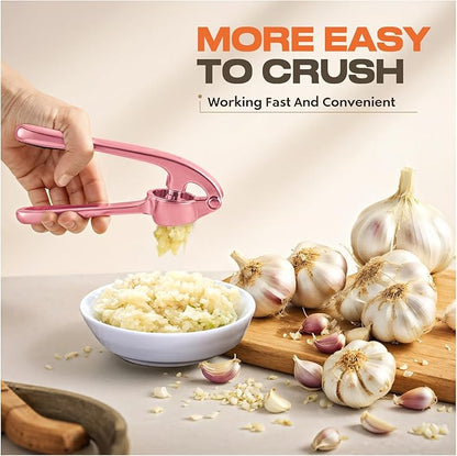Kitchen Garlic Press, Rust Proof & Dishwasher Safe Garlic Mincer, Durable Garlic Crusher Set with Peeler＆Brush, Easy to Clean and Squeeze, Rose