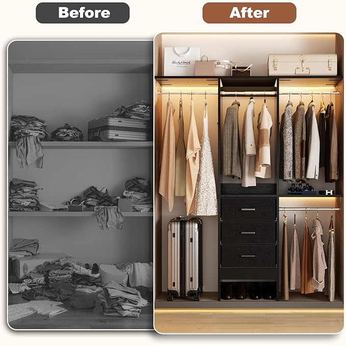 4FT Small Closet System with 3 Fabric Drawers, 48'' Closet Organizer System With 3 Adjustable Shelves, Flexible Built-In Clothes Garment Rack for Small Space, 48" L x 13" W x 71" H, Black