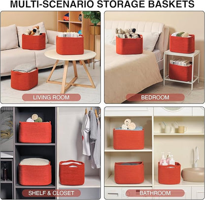 Storage Baskets for Organizing, Storage Basket for Shelves, Toy Towel Basket for Bathroom Nursery, Woven Cotton Rope Baskets for Decor, 15"x11"x9.5", 3 Packs, Brick Red