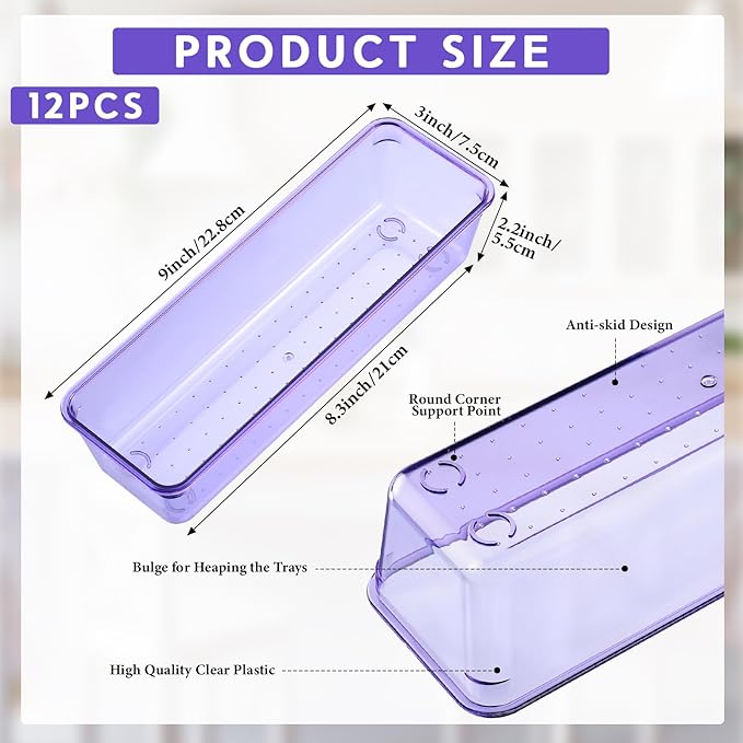 Maitys 12 Pcs Vanity Drawer Organizer 9 x 3 x 2 Inches Clear Plastic Utensil Organizers Kitchen Drawers Dividers for Office Desk Silverware Kitchen Utensils Cosmetics and Bathrooms(Purple)