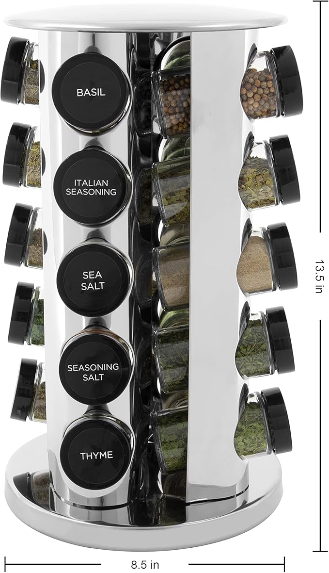 Kamenstein 20 Jar Revolving Countertop Spice Rack with Spices Included, FREE Spice Refills for 5 Years, Polished Stainless Steel with Black Caps, 30020 (Pack of 3)