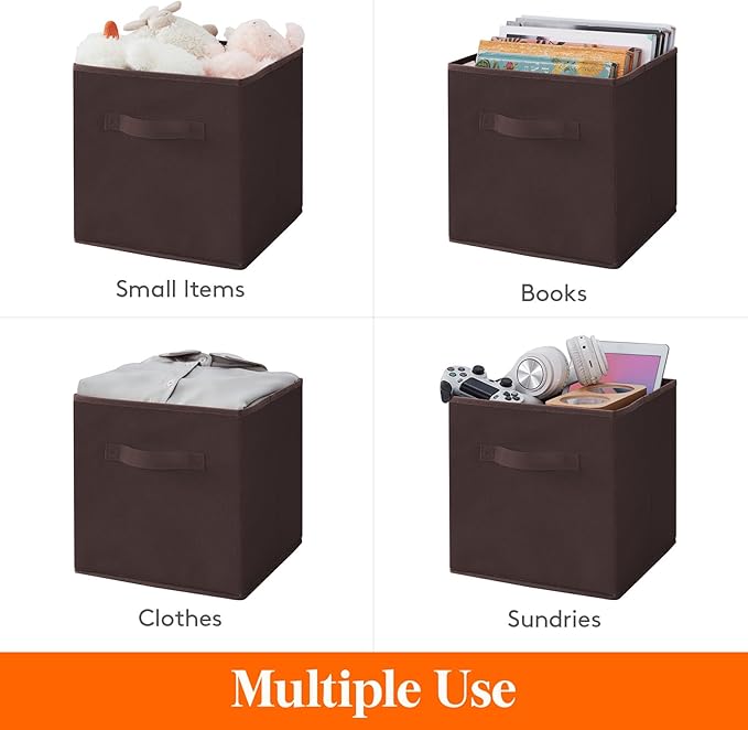 Lifewit 12 Packs Storage Cubes, 11 Inch Cube Storage Bins, Foldable Decorative Fabric Storage Baskets for Organizing Home Organizers with Handles for Shelves, Closet, Brown