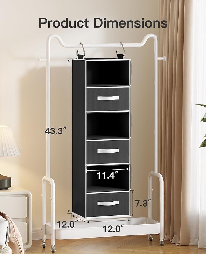 Pipishell Hanging Closet Organizer 6-Shelf, Hanging Shelves for Closet with 3 Removable Drawers & Side Pockets, Hanging Shelf Organizer for Bedroom or Garment Rack, 12'' x 12'' x 43.3'', Black