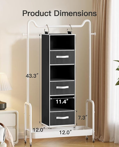 Pipishell Hanging Closet Organizer 6-Shelf, Hanging Shelves for Closet with 3 Removable Drawers & Side Pockets, Hanging Shelf Organizer for Bedroom or Garment Rack, 12'' x 12'' x 43.3'', Black