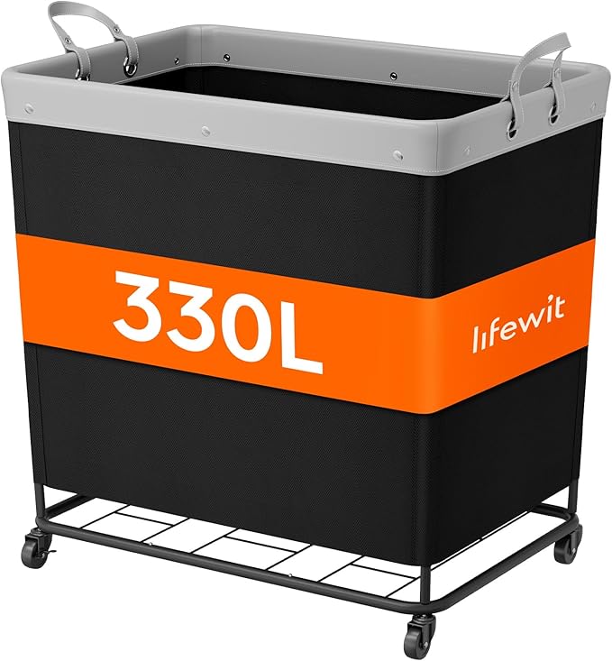 Lifewit 330L Laundry Basket with Wheels, Large Heavy Duty Commercial Rolling Laundry Hamper with Handles, Tall Steel Frame Laundry Cart for Laundry Room Bedroom Hotel Home Dorm, Black