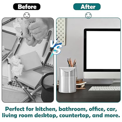 Mini Trash Can, Tiny Desktop Trash Bin with Swing Lid, Stainless Steel Bathroom Countertop Garbage Cans Kitchen Waste Bins with Trash Bag