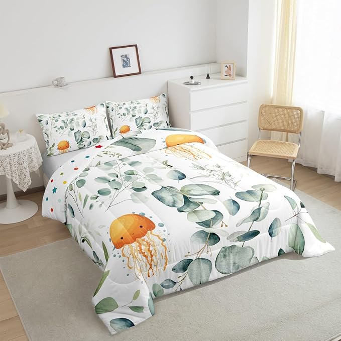 Erosebridal Kawaii Jellyfish King Comforter Set for Boys Girls Cartoon Animal Bedding Set King, Eucalyptus Leaves Bedding Comforter Sets Ocean Wildlife Duvet Set, Tropical Plants Quilted Comforter