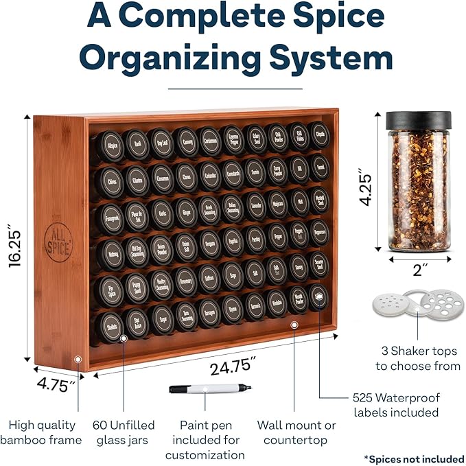 AllSpice Spice Rack Organizer, Wood, 525 Unique Labels, Countertop or Wall Mount, Includes 60 4oz Jars- Cherry Stain