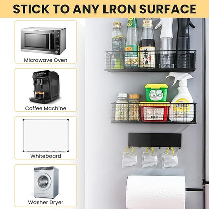 Magnetic Spice Rack for Refrigerator Magnetic Fridge Shelf for Kitchen Spice Organizer Magnetic Shelf, Classic Grid Design, 2*Spice Racks, 1*Hooks Rack, 1*Paper Towel Holder, 5*Removable Hooks