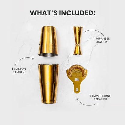 A Bar Above 4-Piece Cocktail Shaker Set, for Professional and Home Bar, Premium Bar Kit Gifts, Includes Strainer, Jigger, Shaker Set, and 4-Hour Cocktail Course