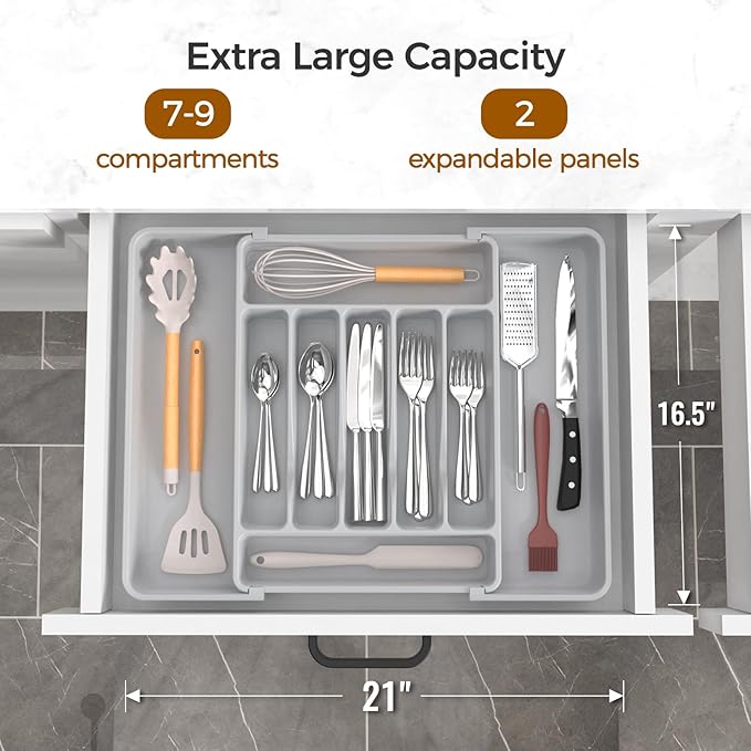 Extra Large Expandable Silverware Organizer, BPA-Free Food-Safe Cutlery Flatware Organizer, Kitchen Utensil Drawer Organizer, Adjustable Silverware Holder for Spoons Forks Knives, Gray