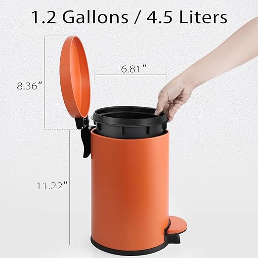 TIPGO Small Trash Can with Lid Soft Close, 4.5 Liters / 1.2 Gallon Bathroom Garbage Can, Mini Step Trash Bin, Stainless Steel Wastebasket for Bathroom, Bedroom, Office (Orange)
