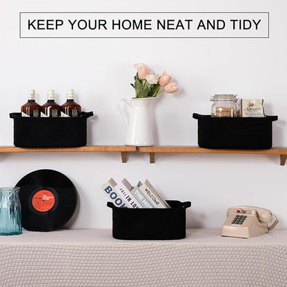 OIAHOMY Cotton Rope Woven Baskets for Storage, Nursery Rectangle Storage Basket with Handles for Shelves, Pack of 3, Black