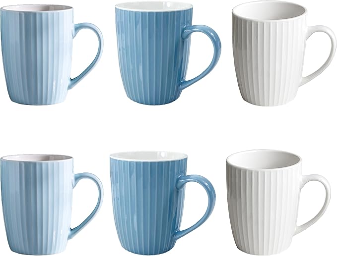 11 Ounce Porcelain Mugs, Set of 6 Coffee Mugs for Tea, Milk, Hot Cocoa, 2 White, 2 Skyblue, 2 Seablue