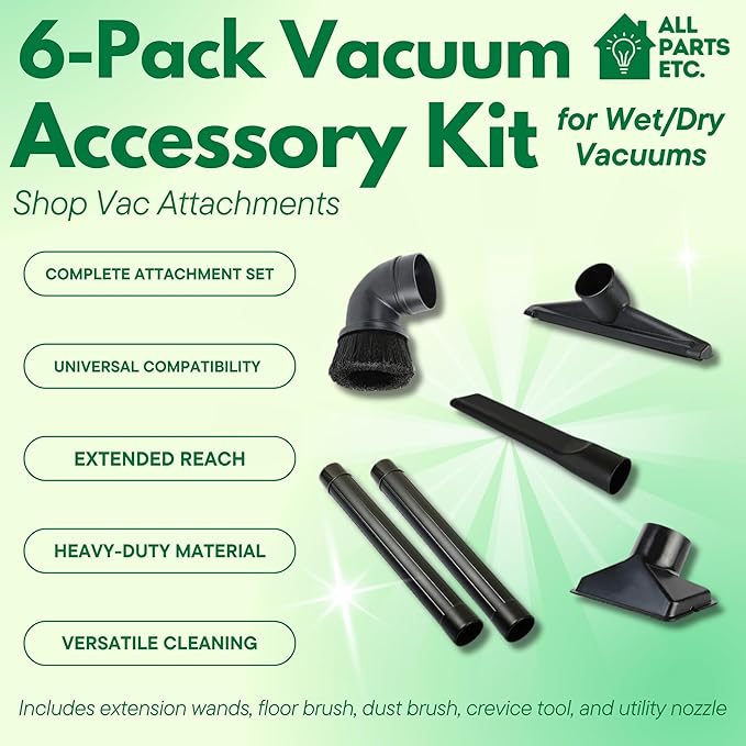 2 1/2 inch Attachments & Accessories 2.5 Wet Dry Vac - Extension Wands, Floor Brush, Dust Brush, Crevice Tool, Utility Nozzle, Compatible with Shop Vac - 6-Pack Attachments