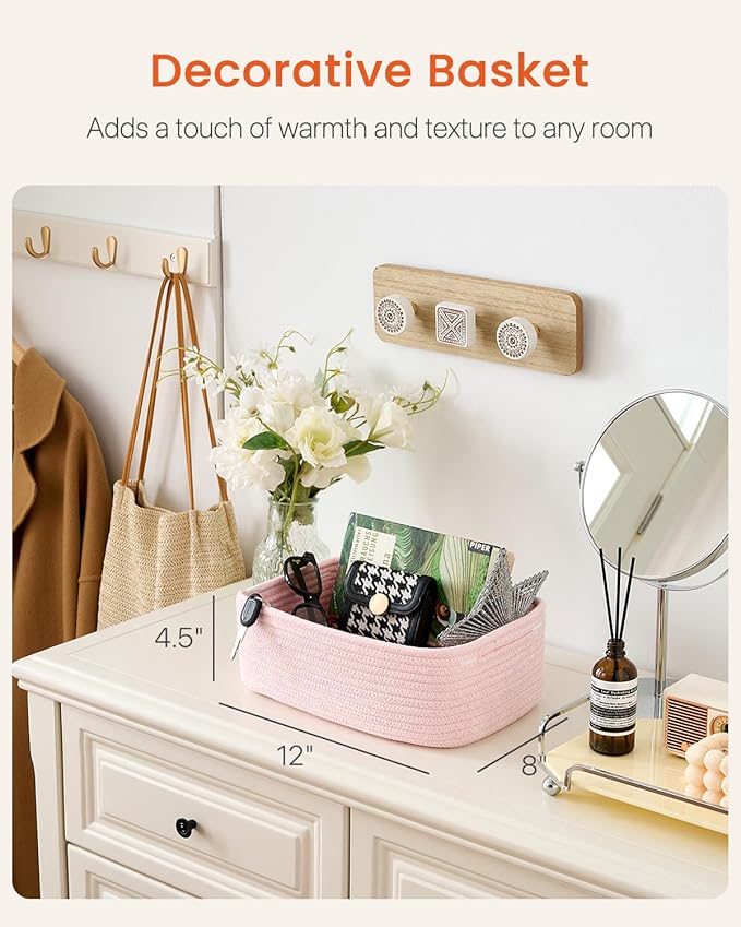 Small Woven Basket, 12 x 8 x 4.5 Inches, Storage Basket for Organizing, Cute Small Rope Shelf Closet Cube Storage Bins Baskets for Shelves, Dog Toy Gift Baskets Empty, 3 Pack Light Pink
