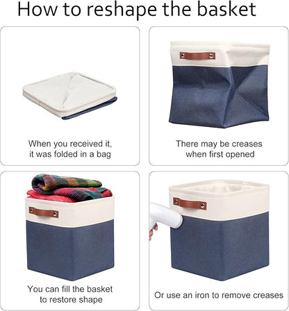 Univivi Fabric Cube Bins Set of 4 Storage Baskets with PU Handles for Home Closet Foldable Storage Bins (Blue, 10.5" x 10.5" x 11")