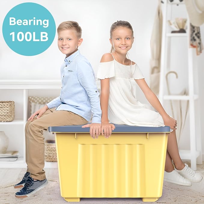 Nazhura Plastic Storage Bin, Stackable and Nestable Storage Boxes with White Lids and Secure Latching Buckles, Large Storage Container (Yellow/Purple, 72Quart-4Pack)